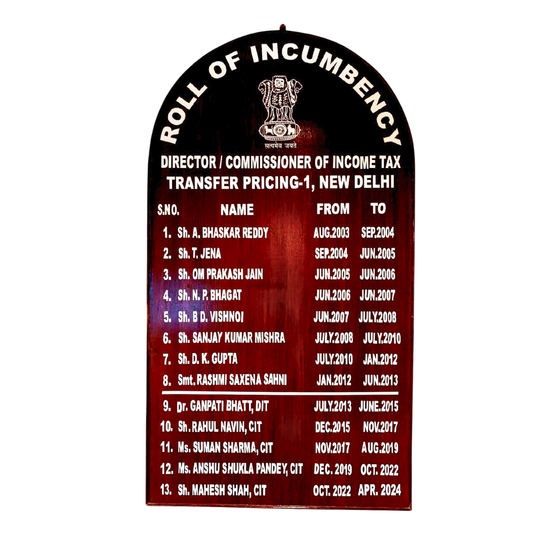 Wooden roll of incumbency plaque listing directors and commissioners of Income Tax Transfer Pricing