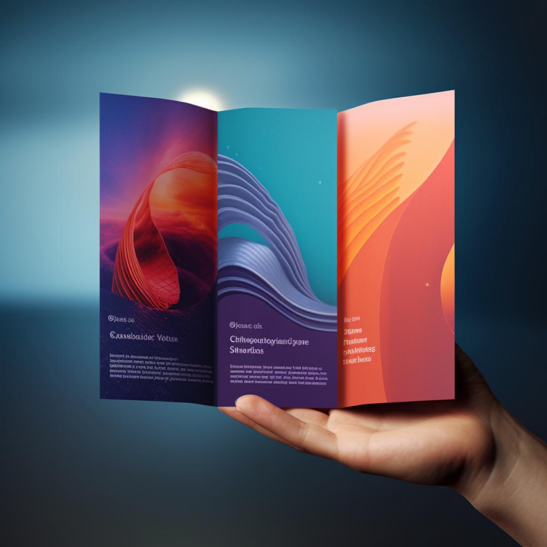Creative tri-fold brochure mockup held in hand featuring colorful abstract designs