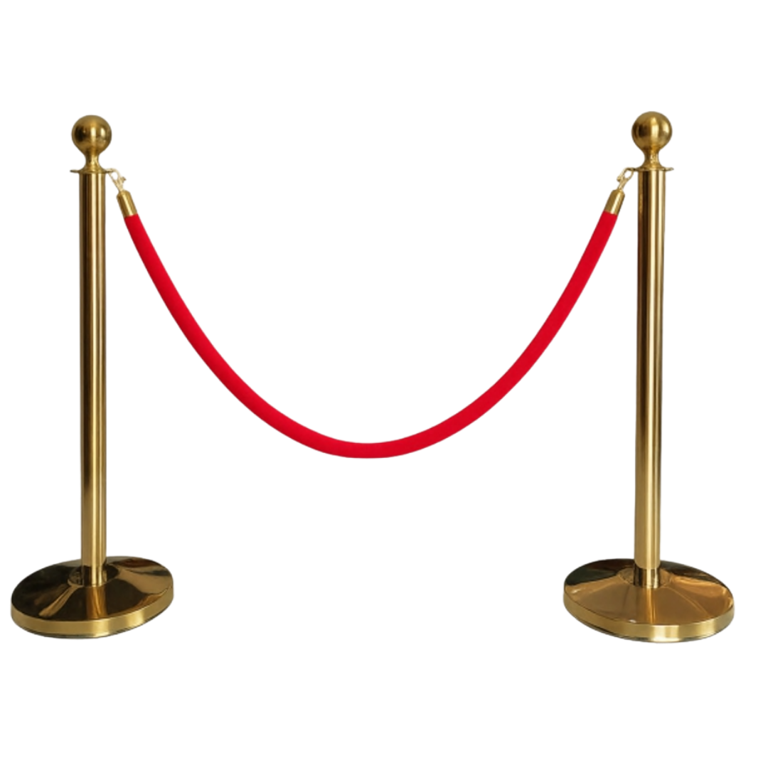 Chrome stainless steel queue barrier posts with red retractable belt