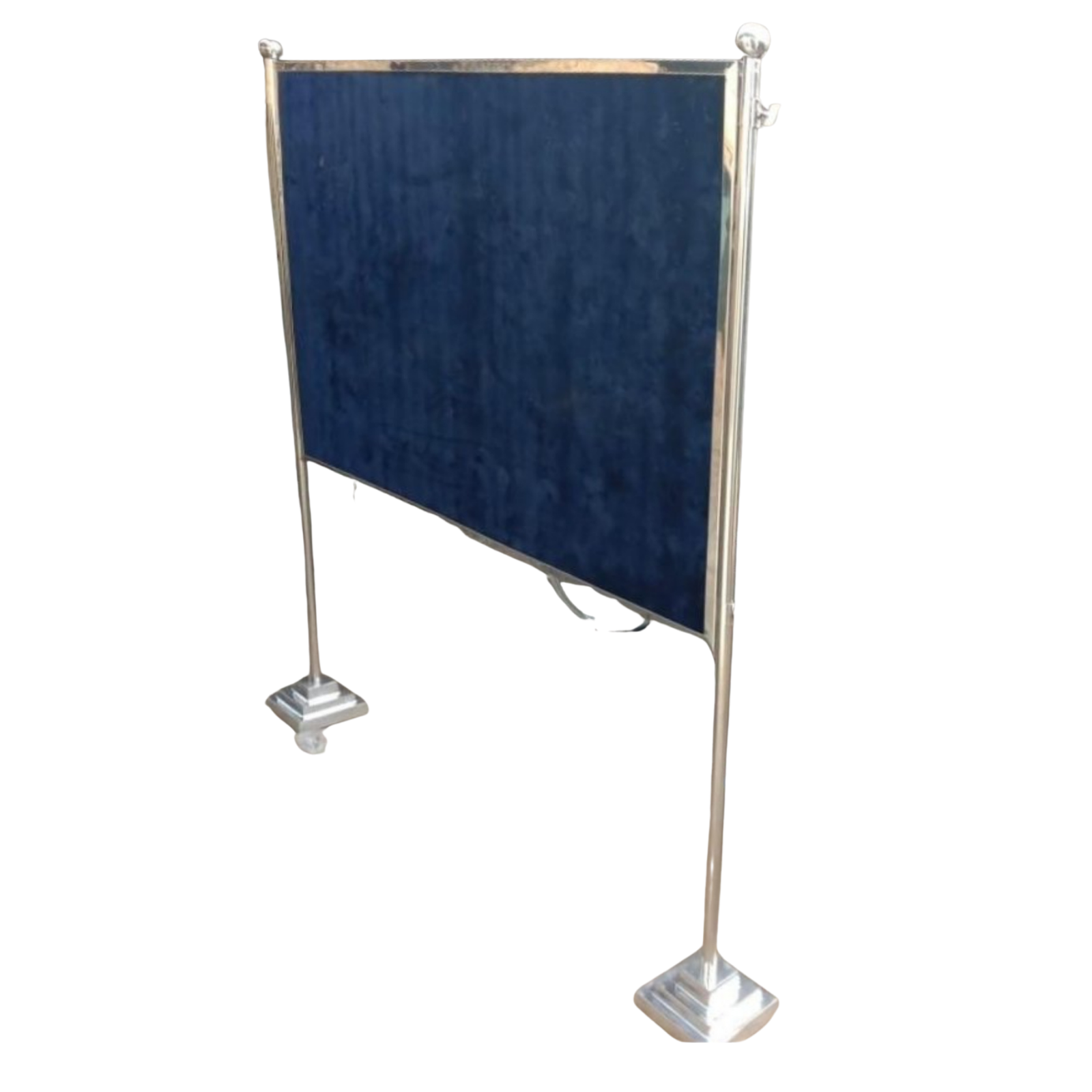 Premium queue barrier display board stand with blue fabric display panel and stainless steel frame by Elite Writing & Display for banks, hotels, airports, exhibitions, and public guidance.