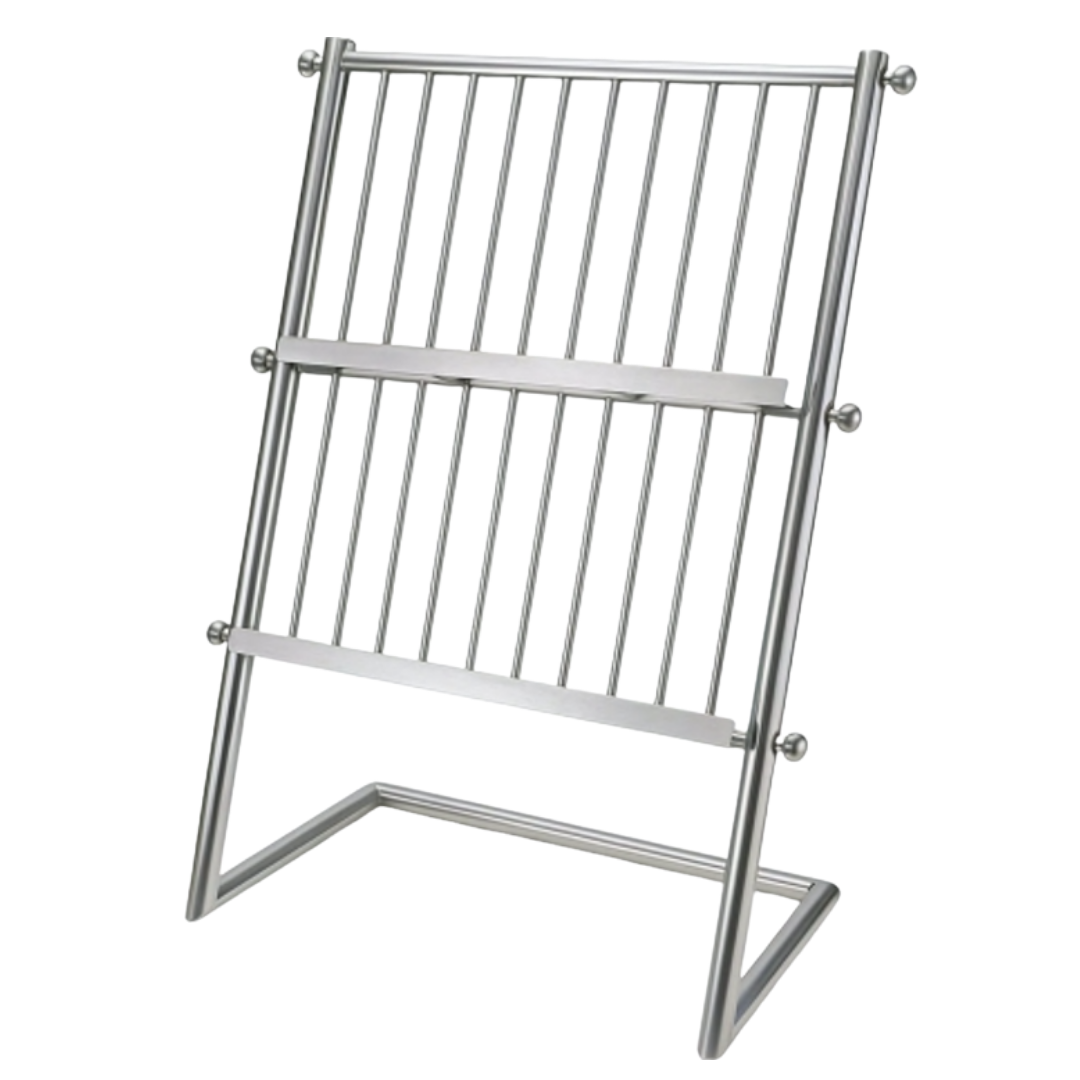 Stainless steel newspaper and magazine display rack with multiple slots