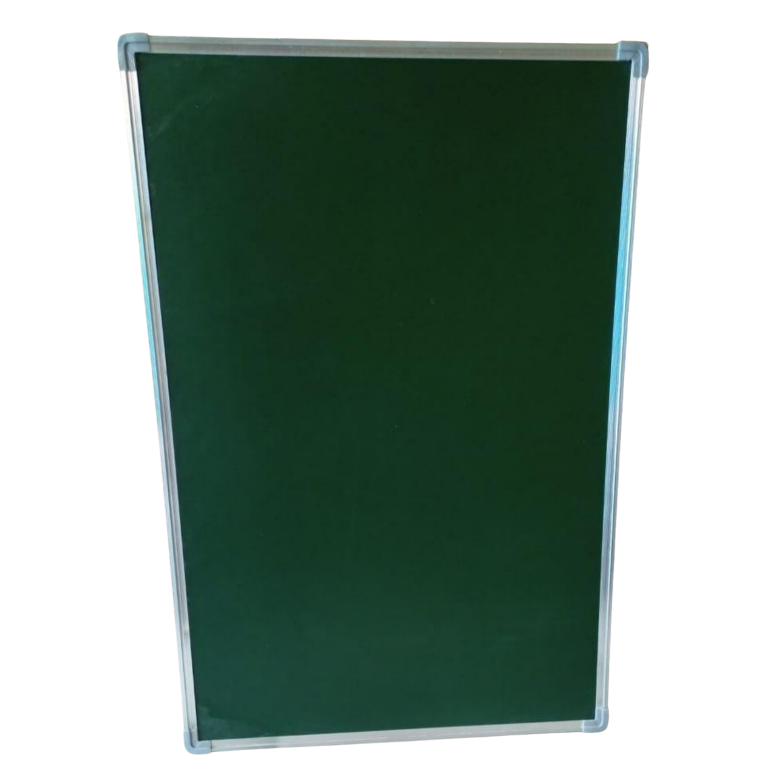 Vertical green fabric display board with a slim silver aluminum frame, shown against a white background.