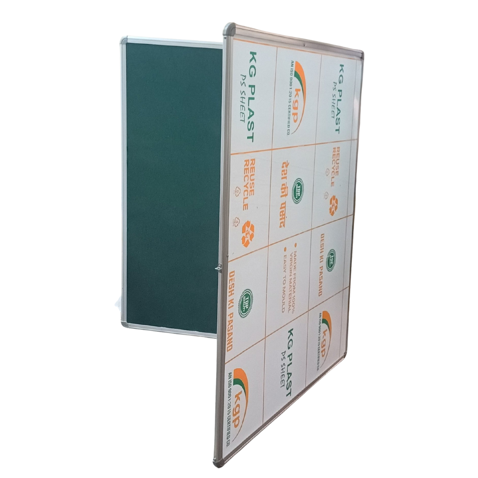 Custom printed notice board with green fabric pin-up surface, aluminium frame, and branded front protective panel manufactured by Elite Writing & Display.