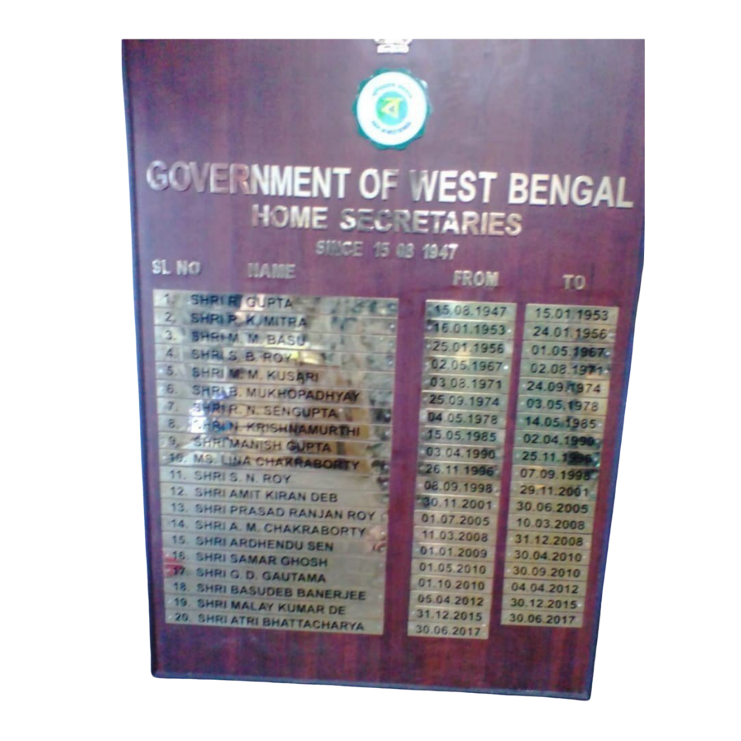 Government of West Bengal board listing successive home secretaries and their tenure dates since 1947