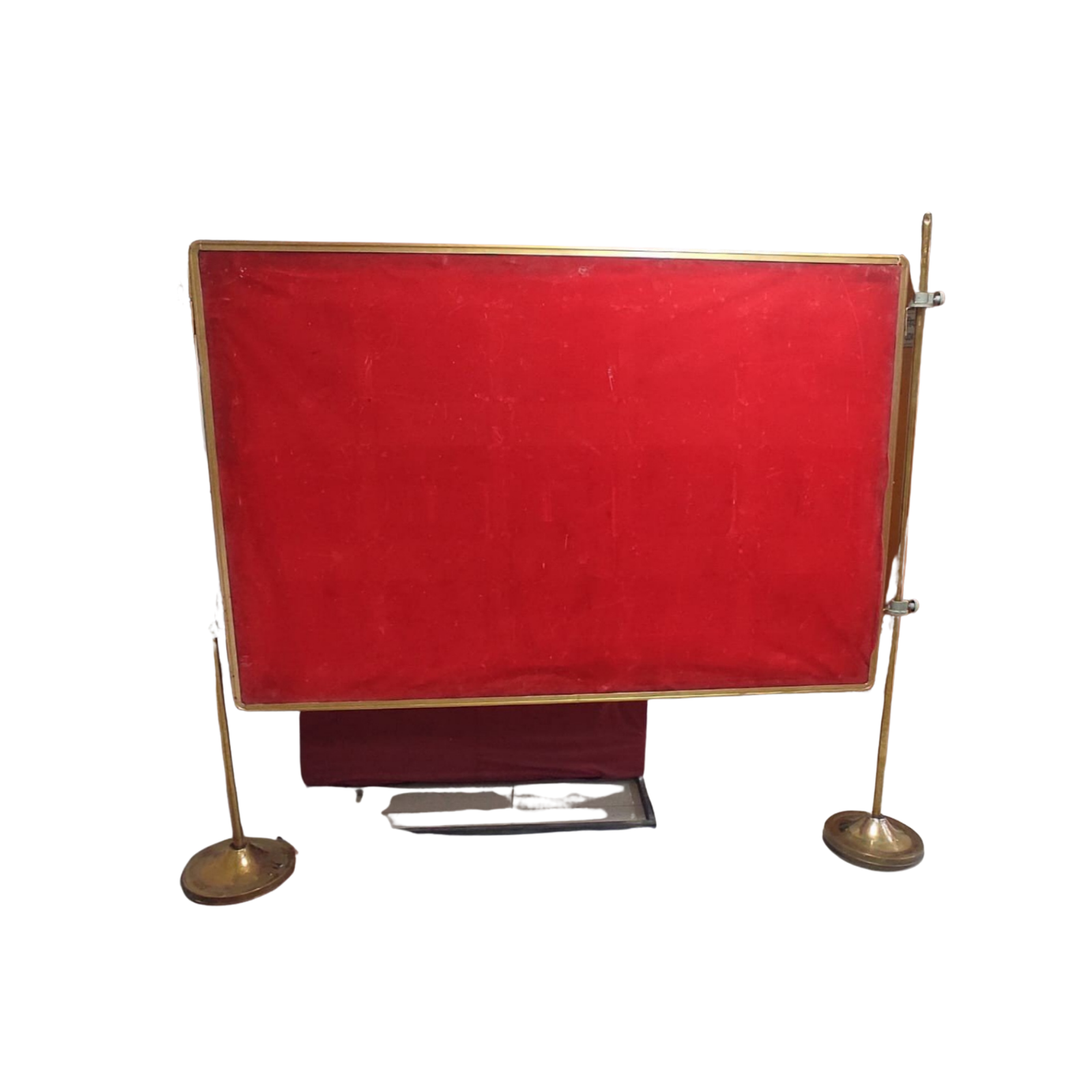 Freestanding red velvet notice board with premium brass finish stand, adjustable support poles, and horizontal display panel for exhibitions, hotels, and event venues.