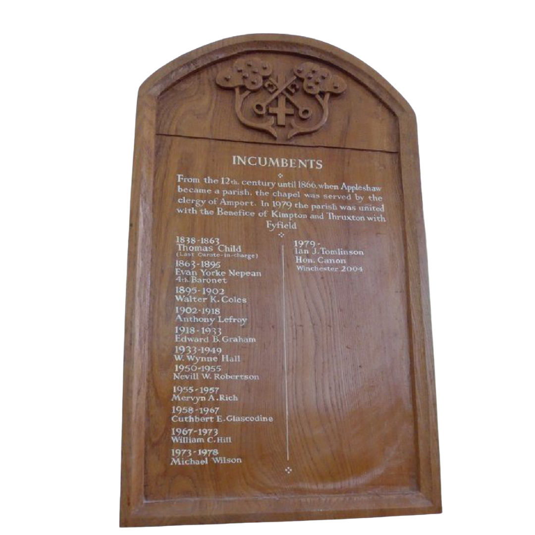 Wooden incumbency board listing clergy who served Appleshaw parish from the 19th century onward
