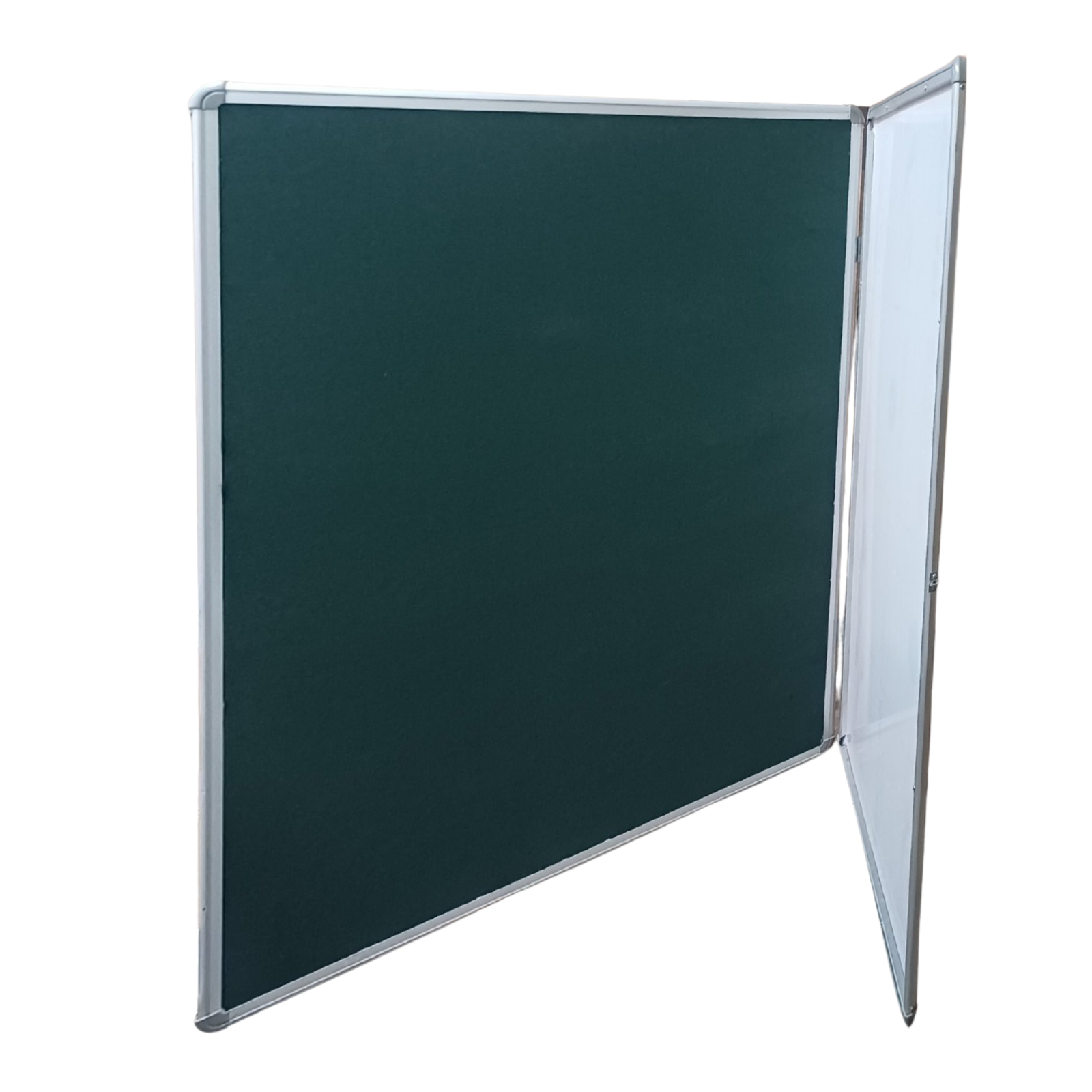 Double-sided folding display board with a dark green fabric-covered panel and white writing panel in a silver aluminum frame.