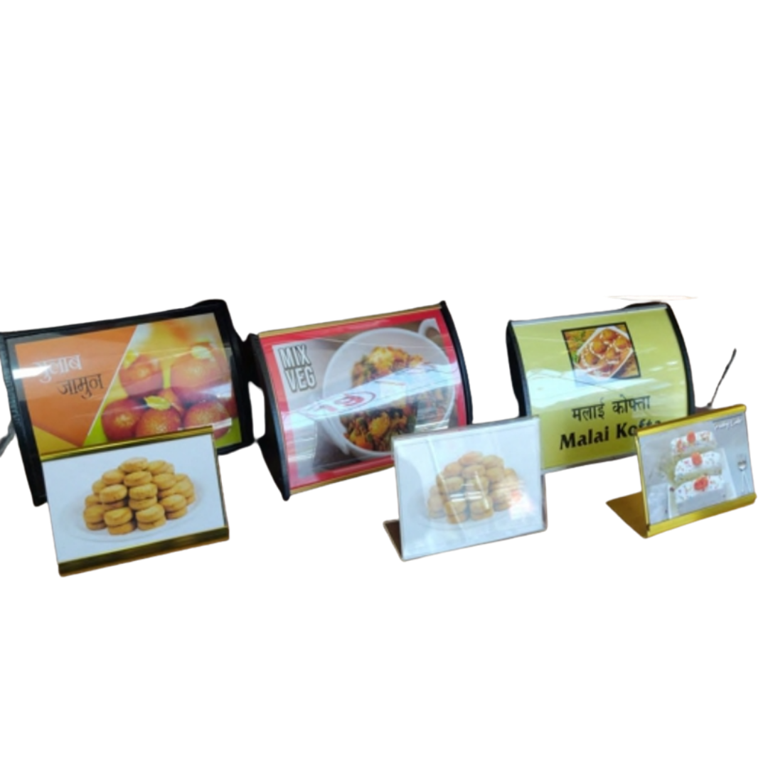 Assorted tabletop food display stands with printed food advertisements for restaurant and catering use