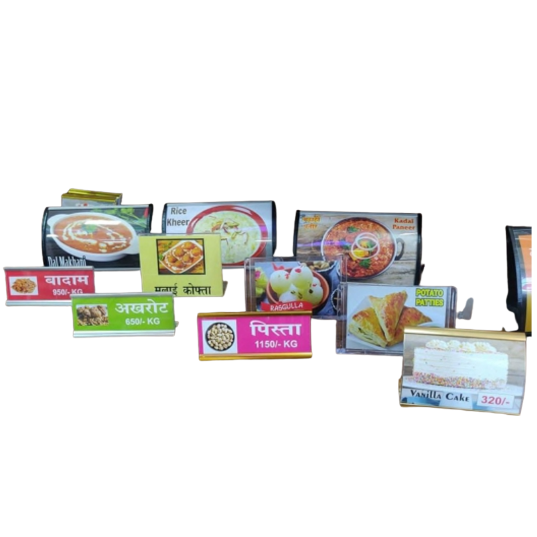 Assorted restaurant food display stands with menu images, dish names, and prices
