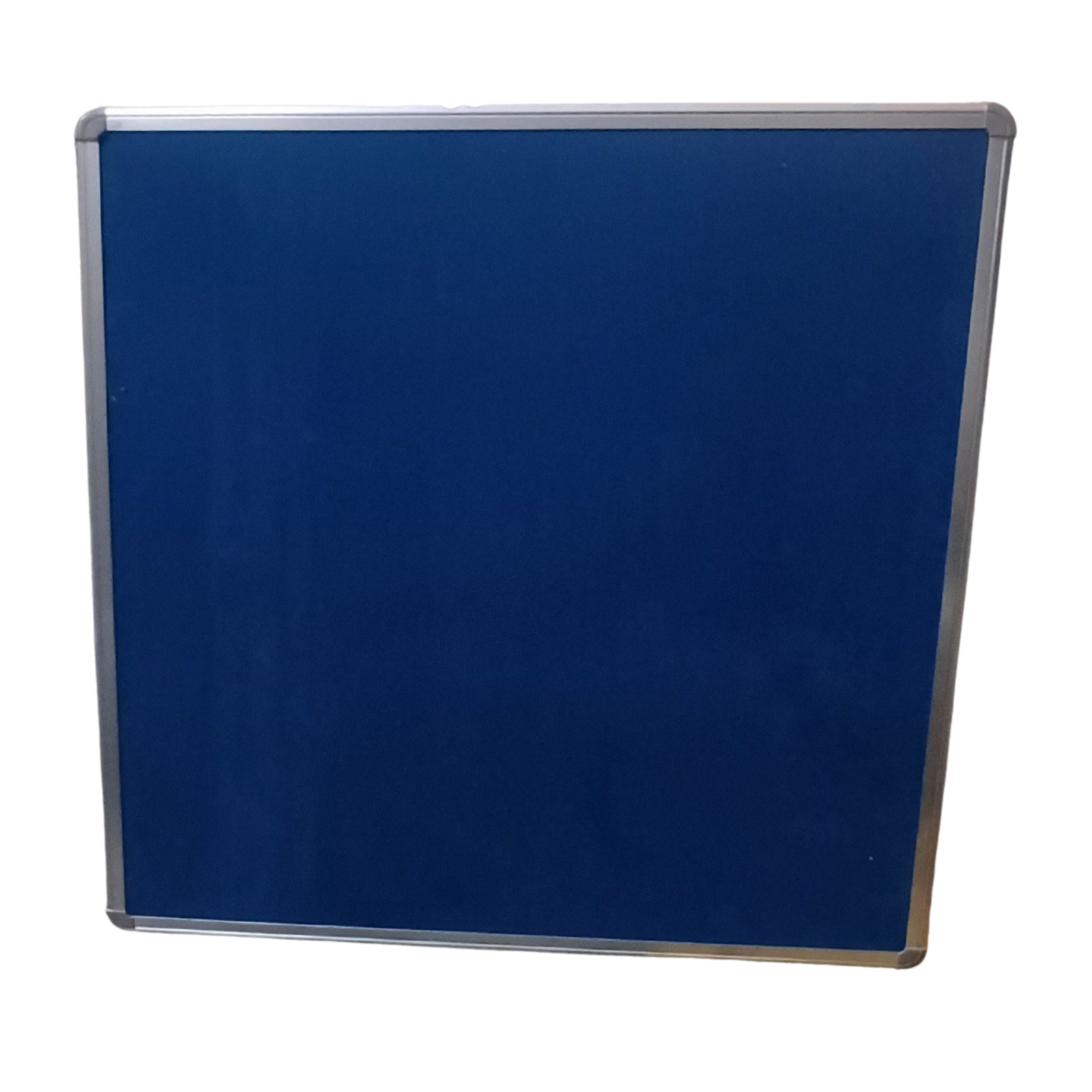 Rectangular blue fabric notice board with a silver aluminum frame, shown against a white background.