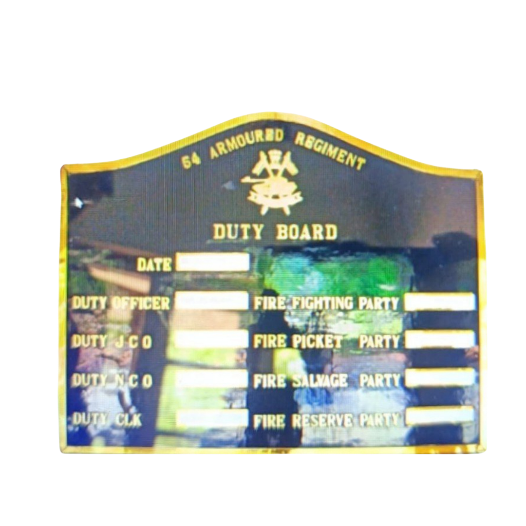 Duty board of the 64 Armoured Regiment displaying duty officer, JCO, NCO, clerk, and fire-fighting party assignments.