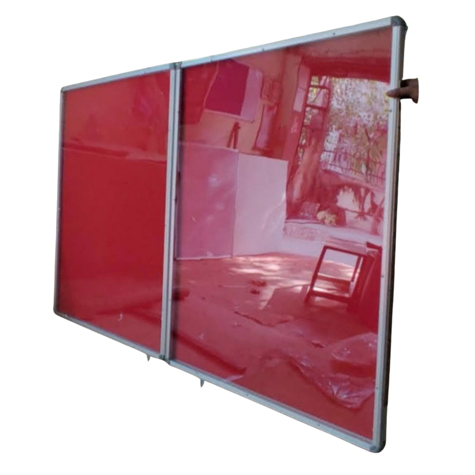 Red translucent acrylic display board with a silver aluminum frame, shown at an angle with multiple connected panels.