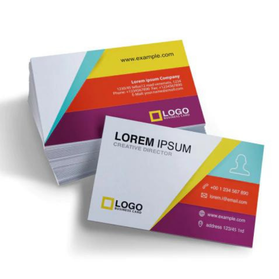 Colorful professional business card mockup with logo, contact details, and geometric design