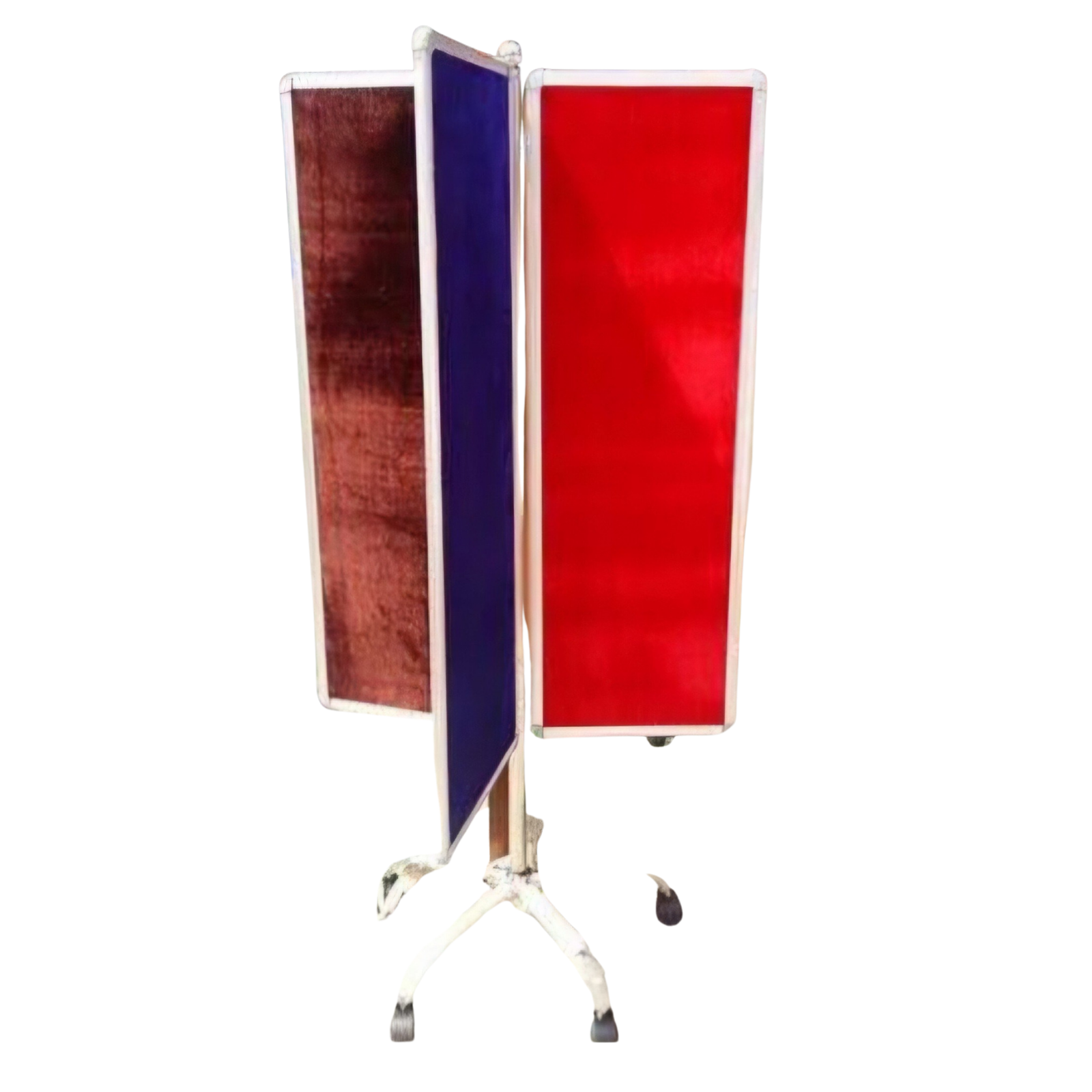 Rotating multi-panel notice board stand with blue, red, and brown velvet display panels mounted on a sturdy metal pedestal for 360-degree information display.