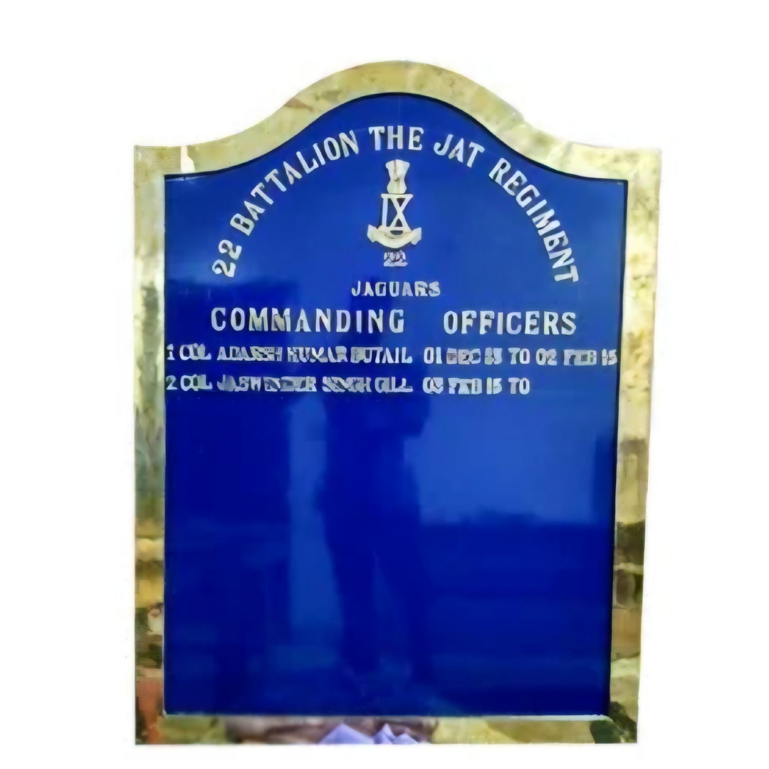 Blue incumbency board listing commanding officers of 22 Battalion The Jat Regiment.