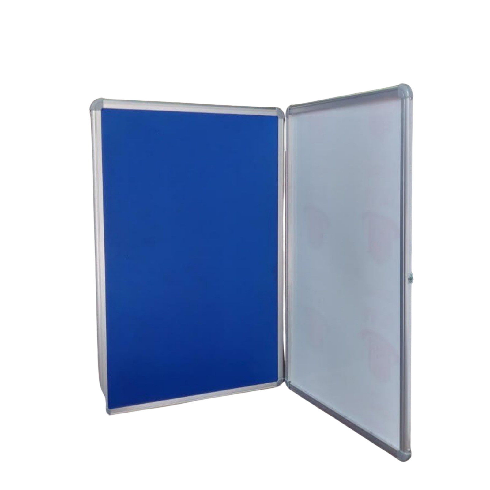 Folding double-sided display board with a blue fabric panel and white writing panel in silver aluminum frames.