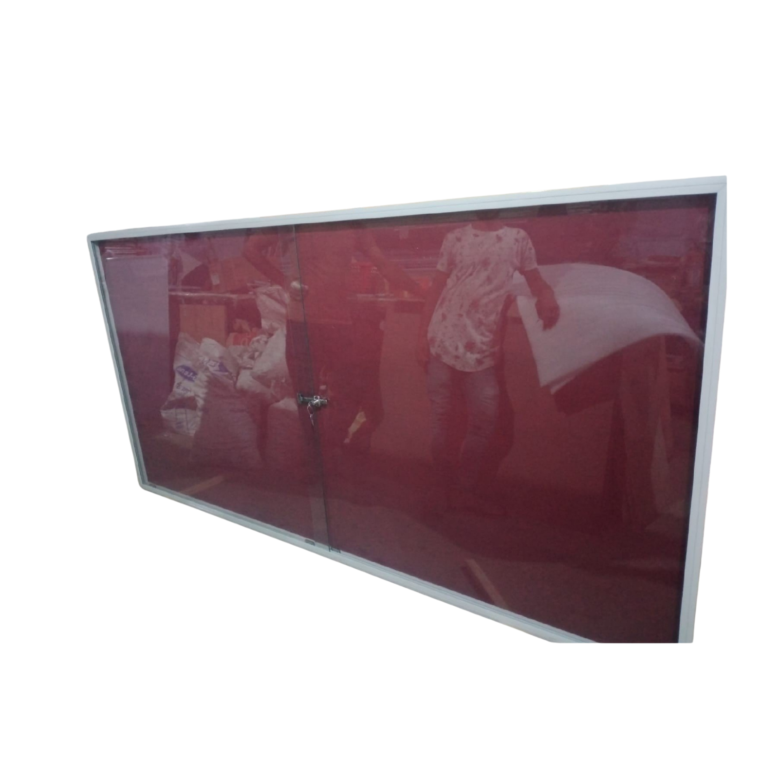 Large red translucent acrylic display board with a silver aluminum frame and central locking door.
