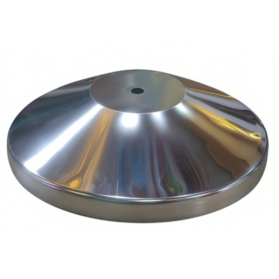 Polished silver circular base for a rope barrier stanchion