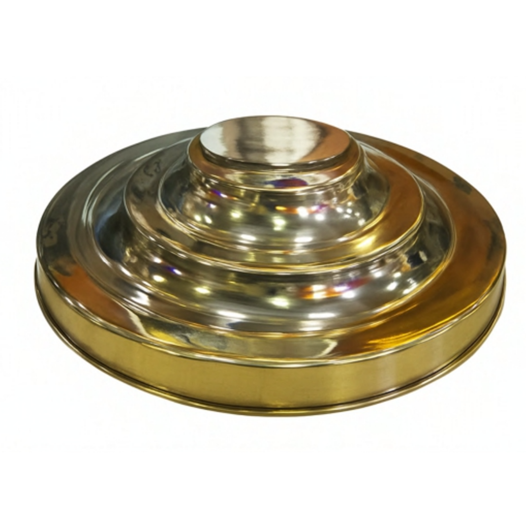 Polished brass and stainless steel tiered circular stanchion base on a white background