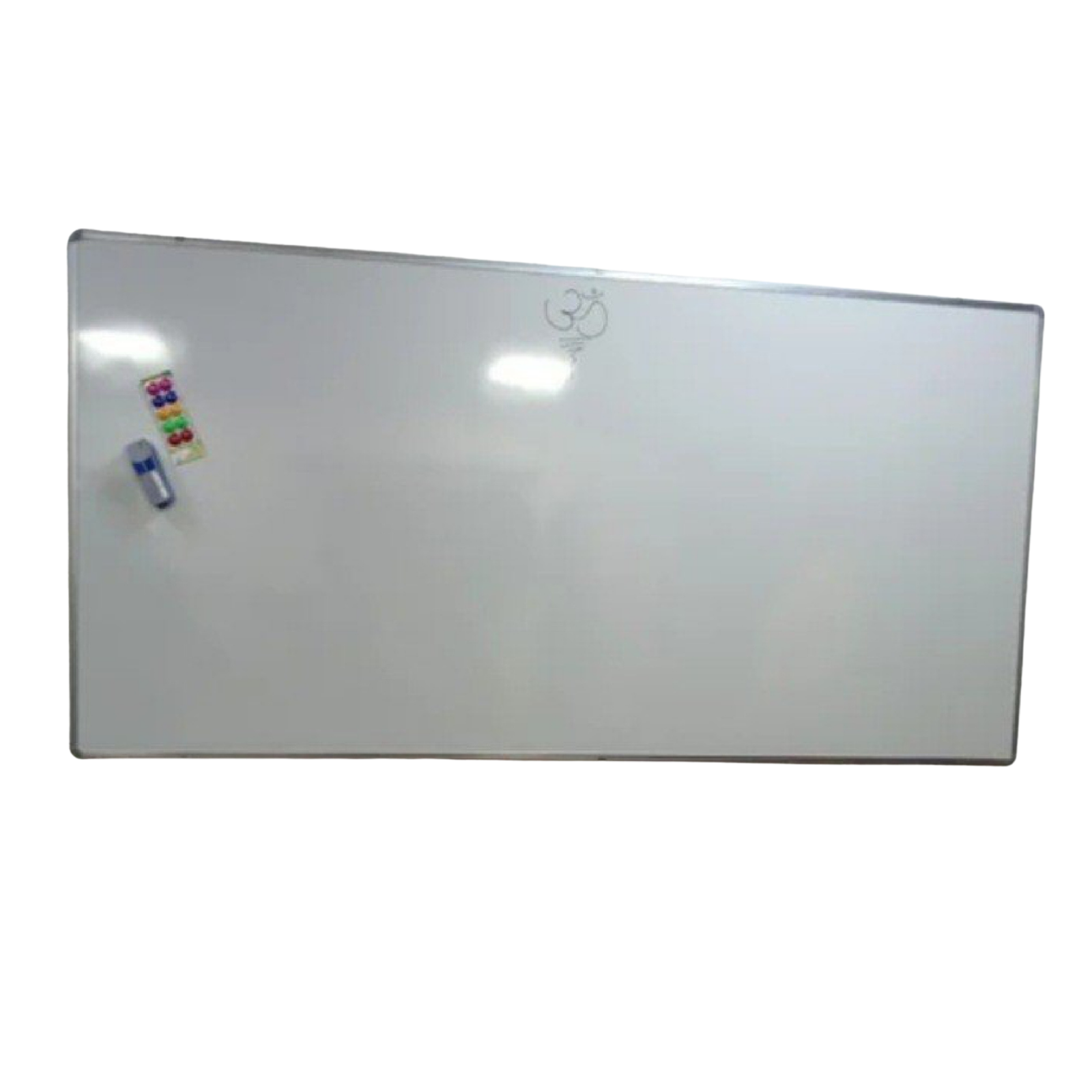 Large rectangular magnetic whiteboard with an aluminum frame, dry erase marker, and colorful magnets attached to the surface.