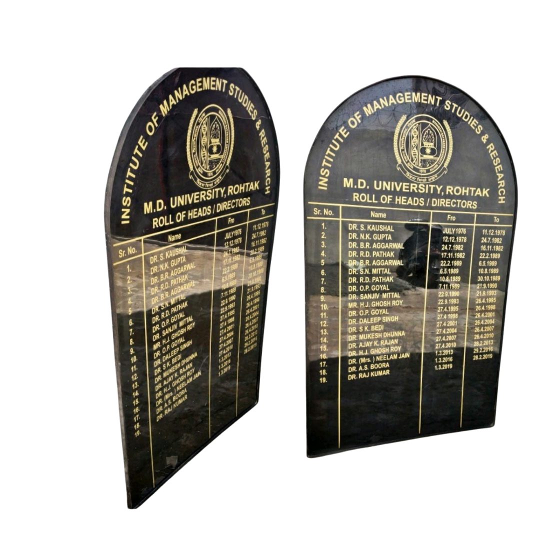 Black plaque displaying the roll of heads and directors of the Institute of Management Studies and Research at M.D. University Rohtak