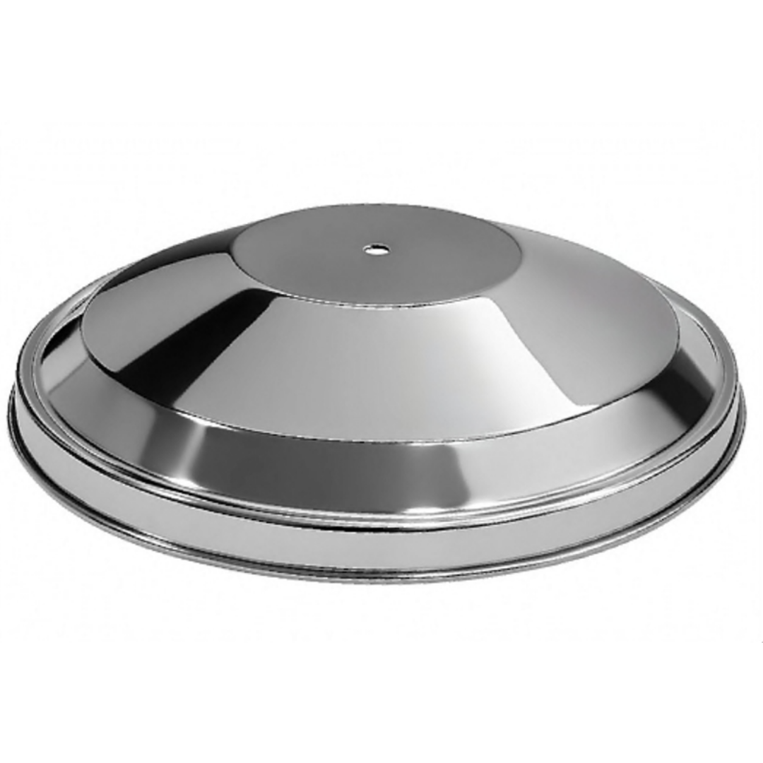 Polished brass and stainless steel tiered circular stanchion base on a white background