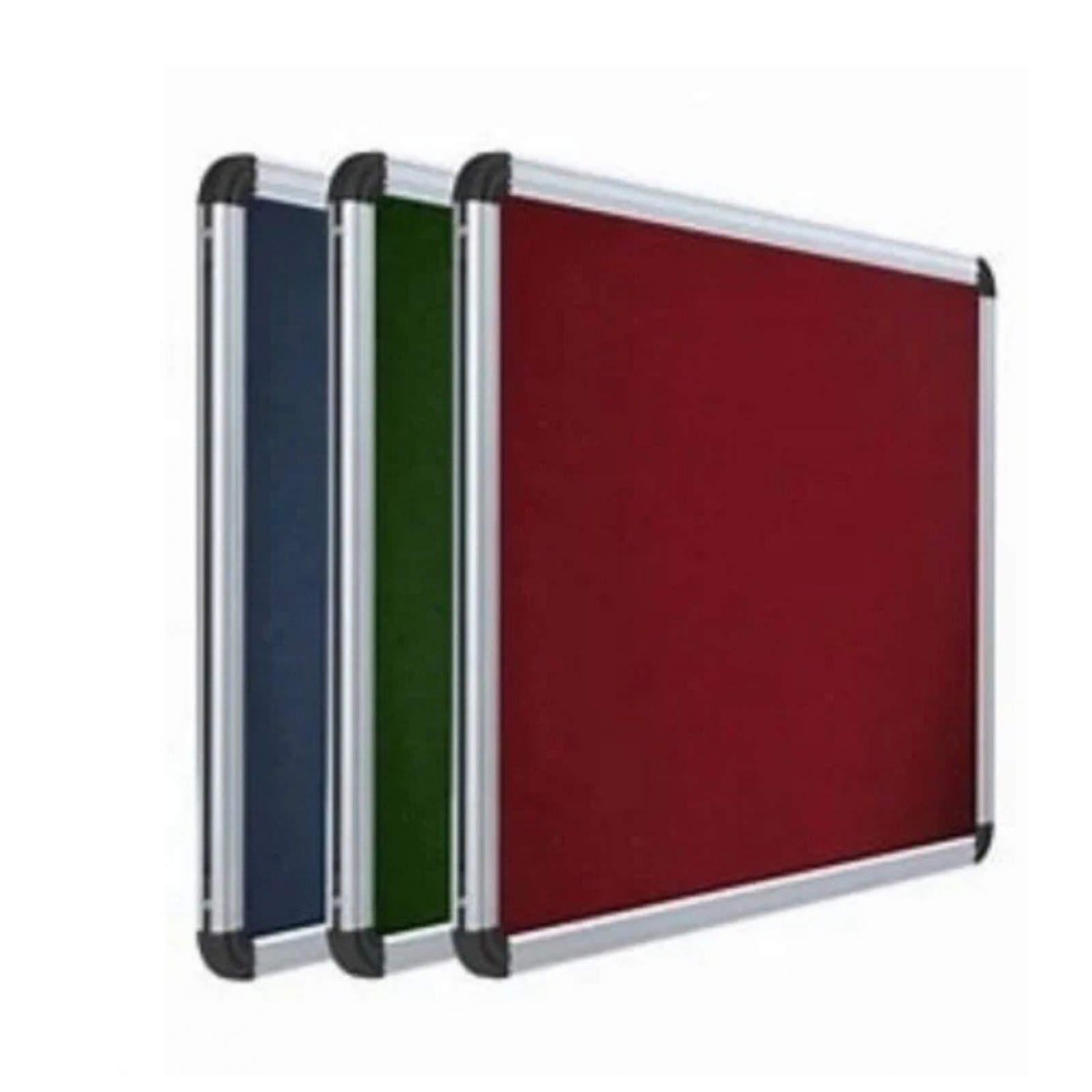 Three colored fabric notice boards in red, green, and blue with silver aluminum frames and black corner caps.