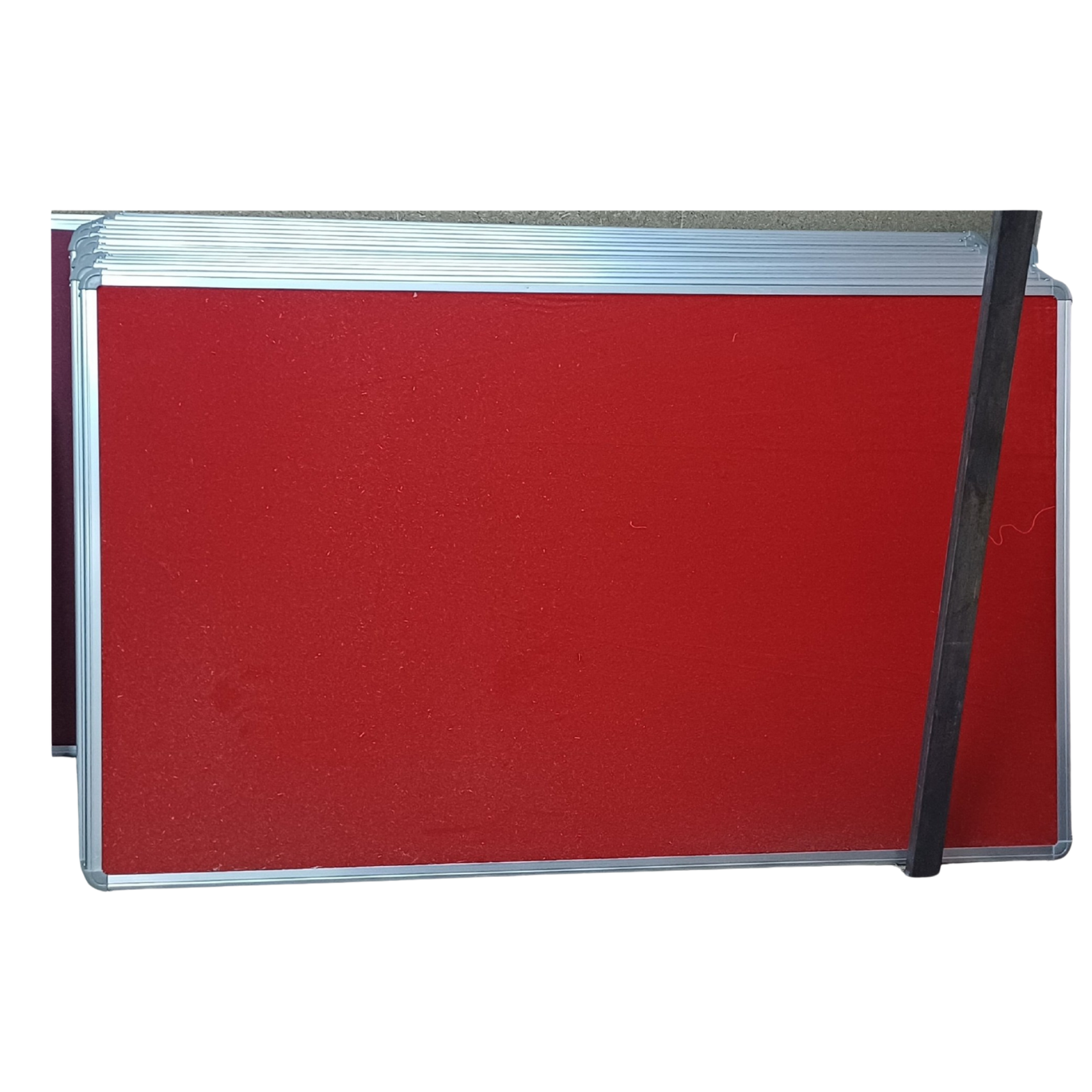 Red fabric notice board with a silver aluminum frame and rounded corner caps, shown in a stack of multiple boards.