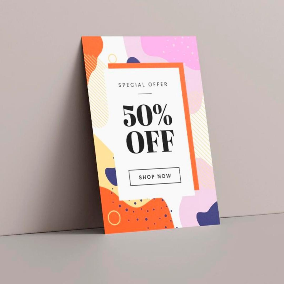 Colorful promotional flyer advertising a 50 percent off special offer with shop now button