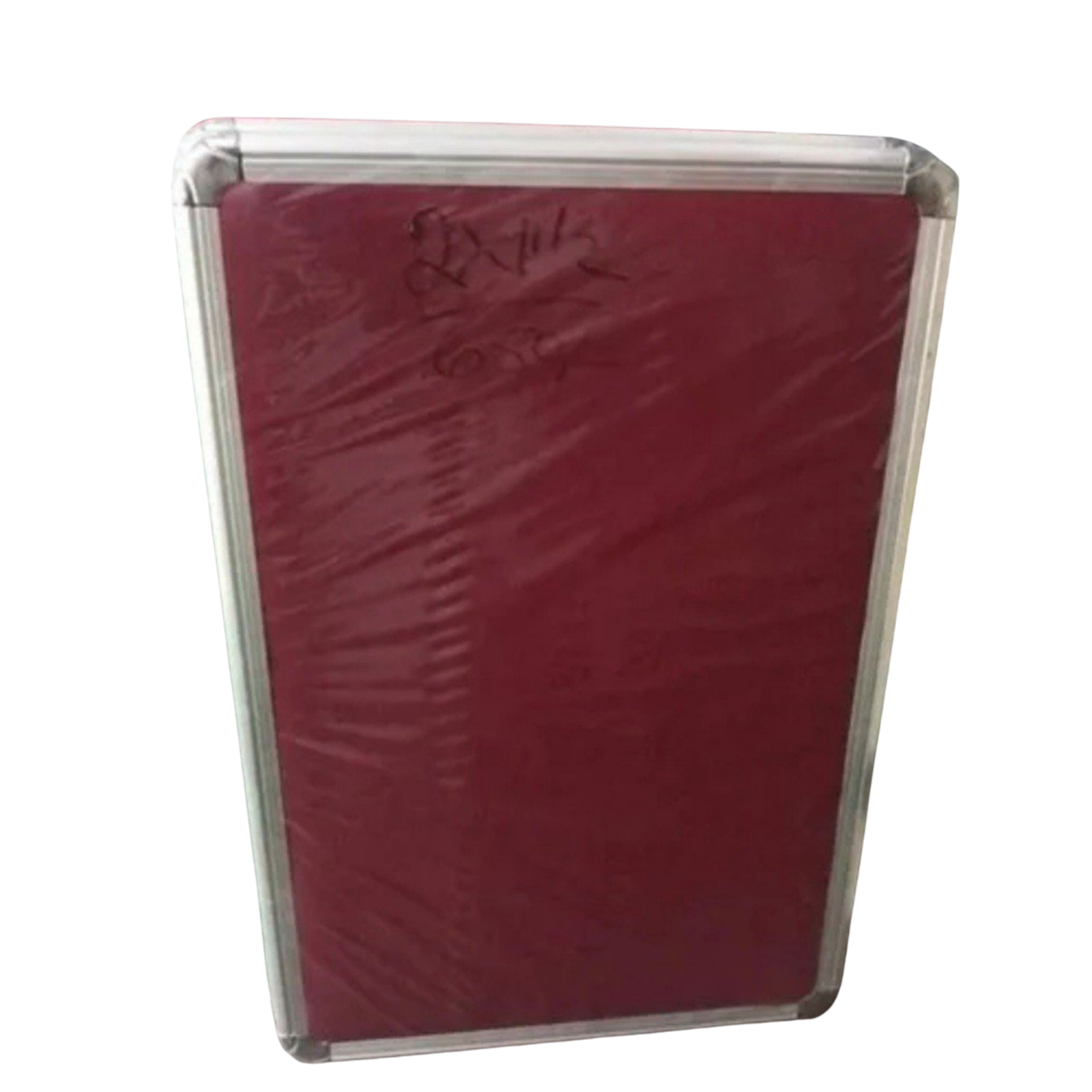 Wall mounted maroon velvet notice board with rounded aluminium frame corners for displaying notices, announcements, and information using push pins.