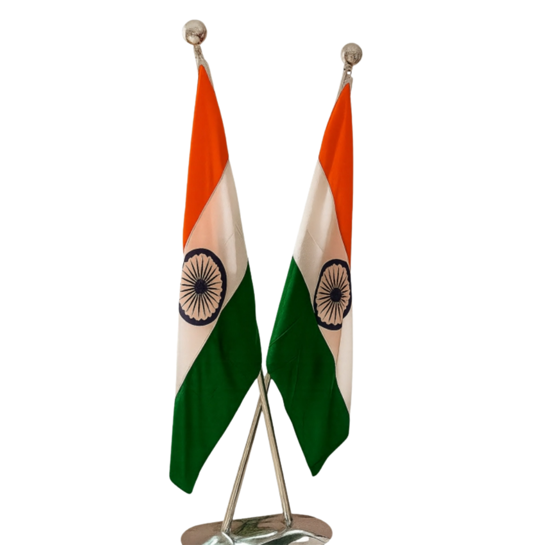 Indian national flags displayed on a double flag stand with chrome base