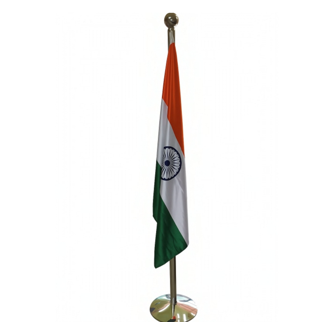 Indian national flag on a chrome-finish display stand