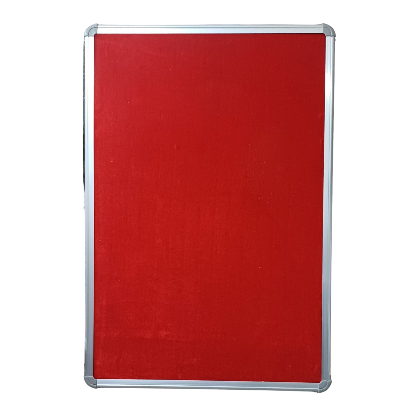 Red fabric notice board with a silver aluminum frame and rounded corner caps for wall mounted display use.