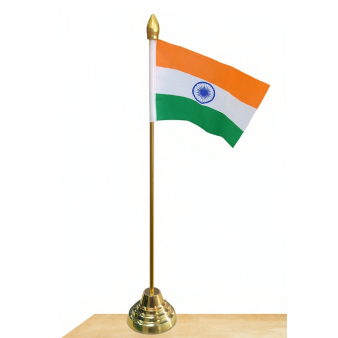 Indian national flag on a gold-finish tabletop flag stand