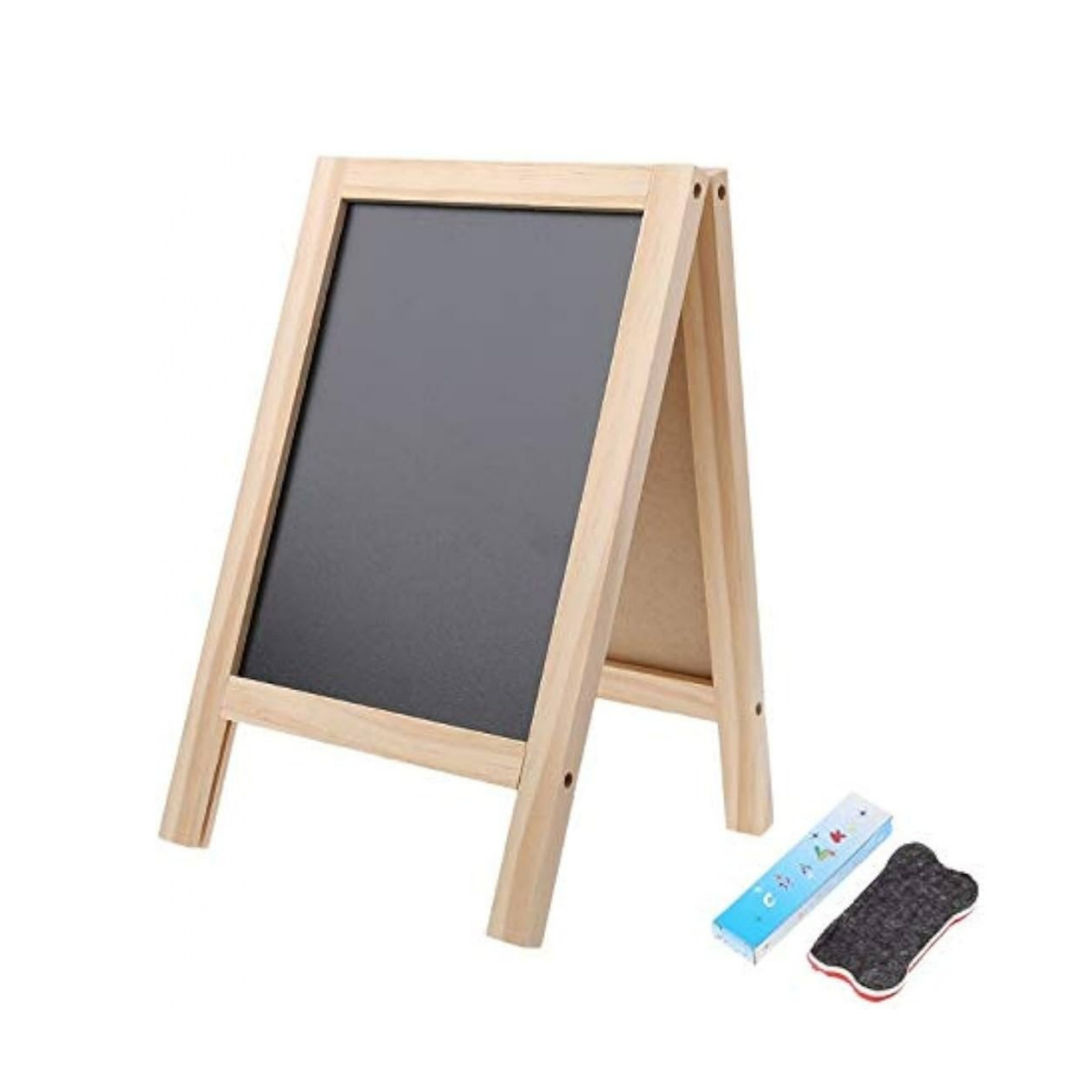 Small wooden tabletop chalkboard easel with black writing surface, chalk and eraser for kids learning, café menus and countertop displays by Elite Writing & Display