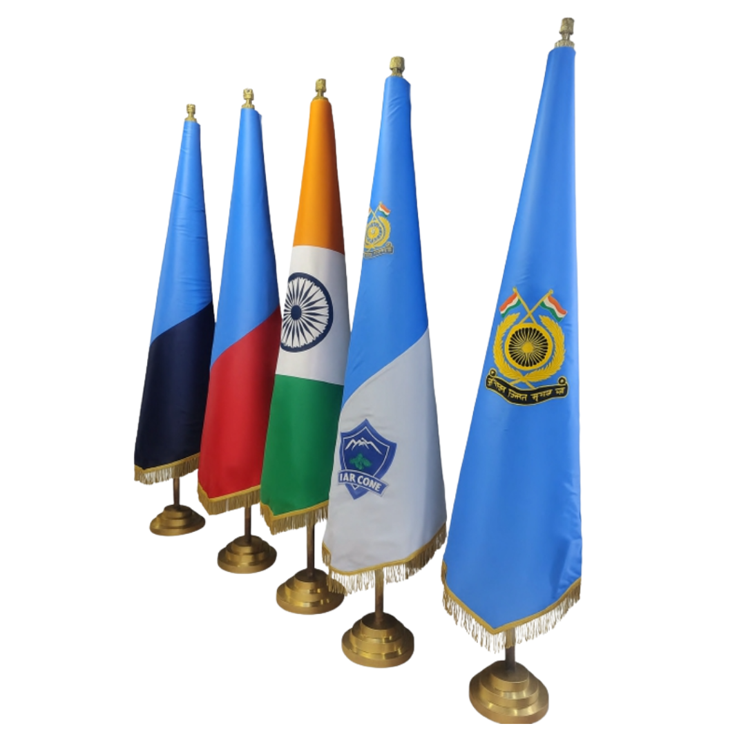 Set of colorful ceremonial flags on gold display stands for events and official functions