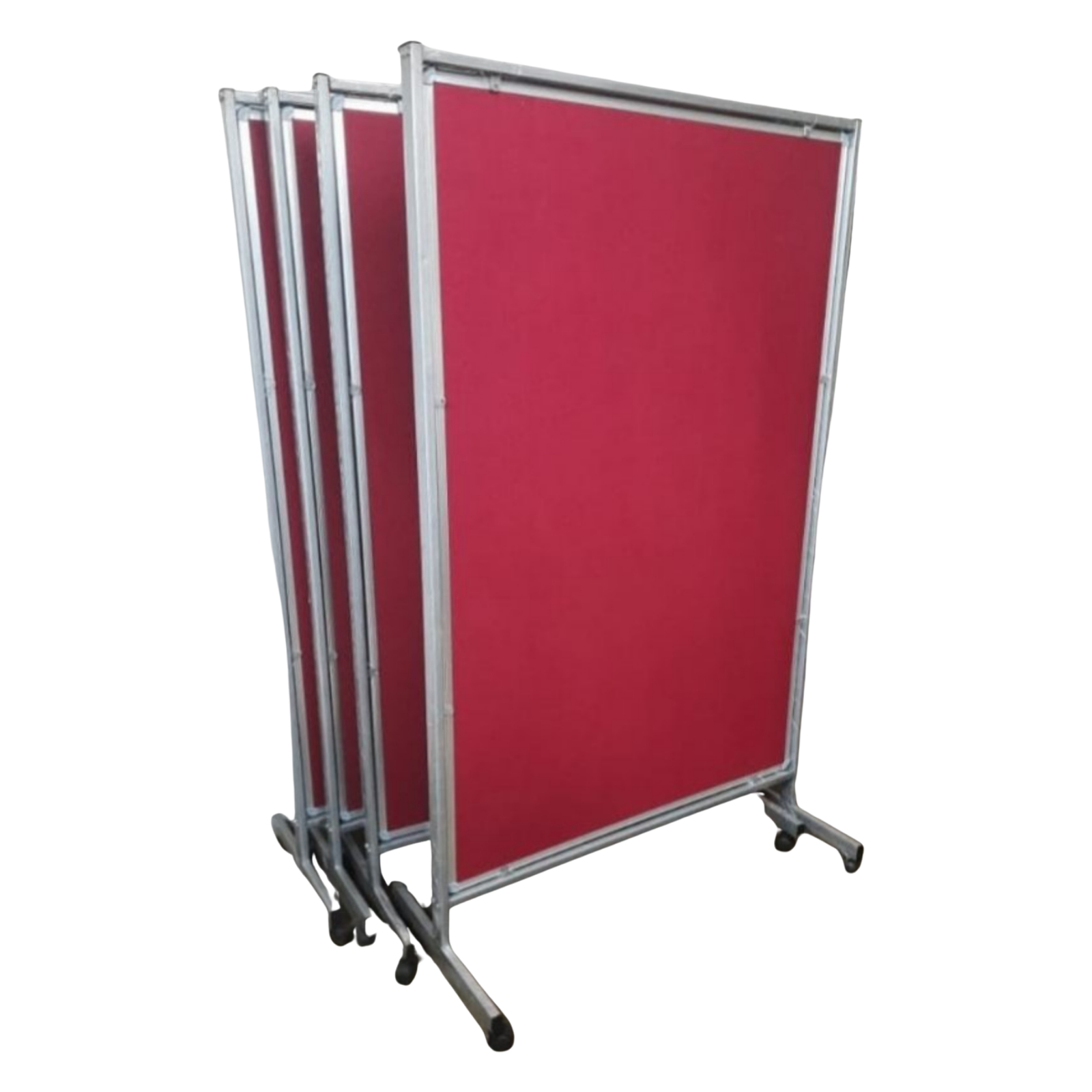 Mobile folding partition notice boards with red fabric pin-up panels, aluminium frames, and sturdy wheeled bases for flexible office, exhibition, and classroom displays.