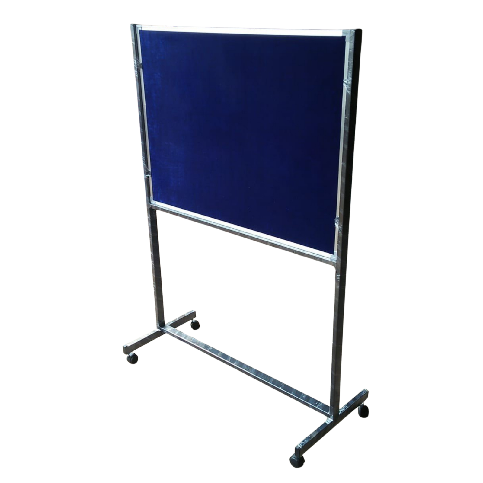 Mobile blue fabric notice board with durable aluminium frame, heavy-duty steel stand, and caster wheels for portable office, classroom, and exhibition displays.