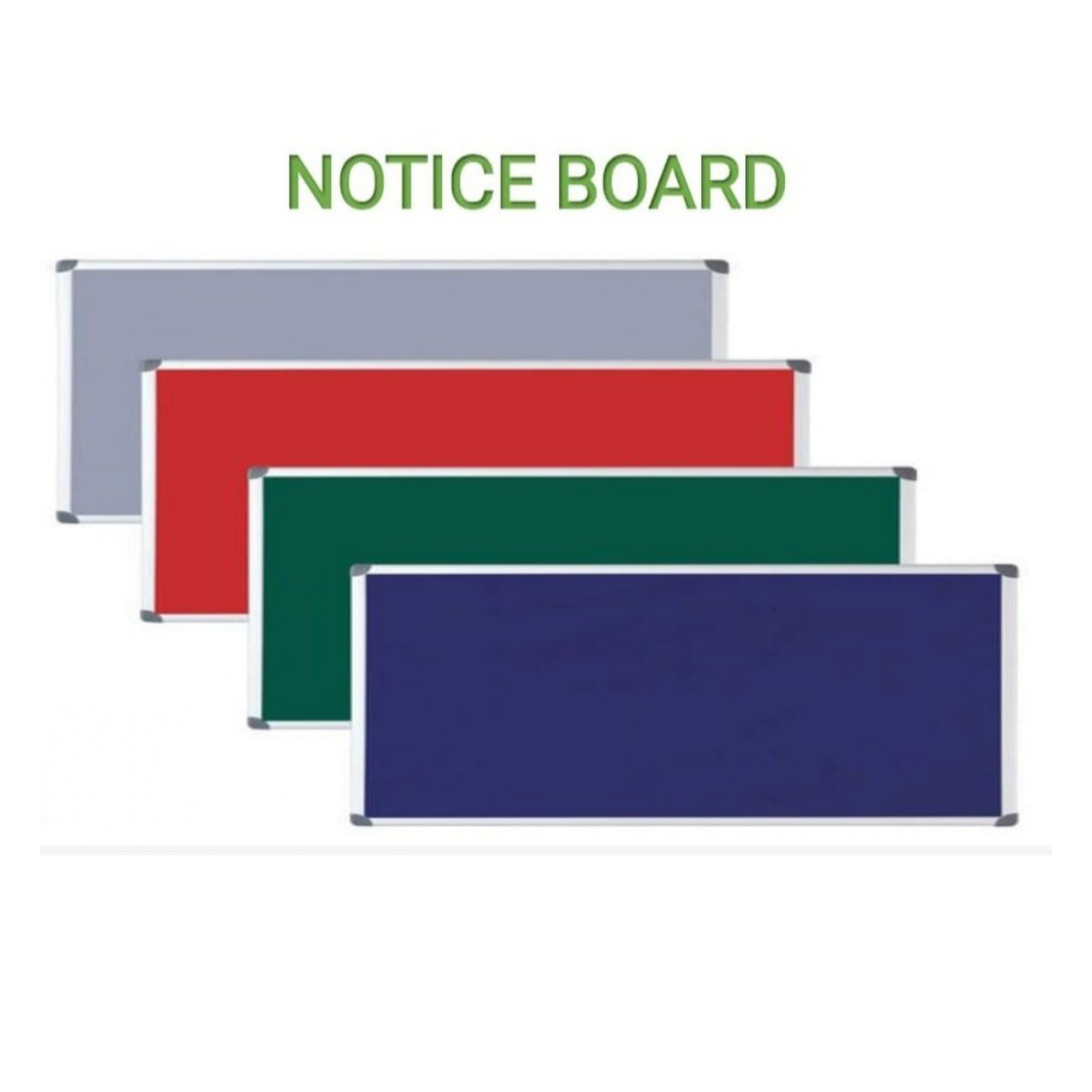 Collection of fabric notice boards in grey, red, green, and blue with durable aluminium frames, available in multiple sizes for offices, schools, colleges, and commercial display applications.
