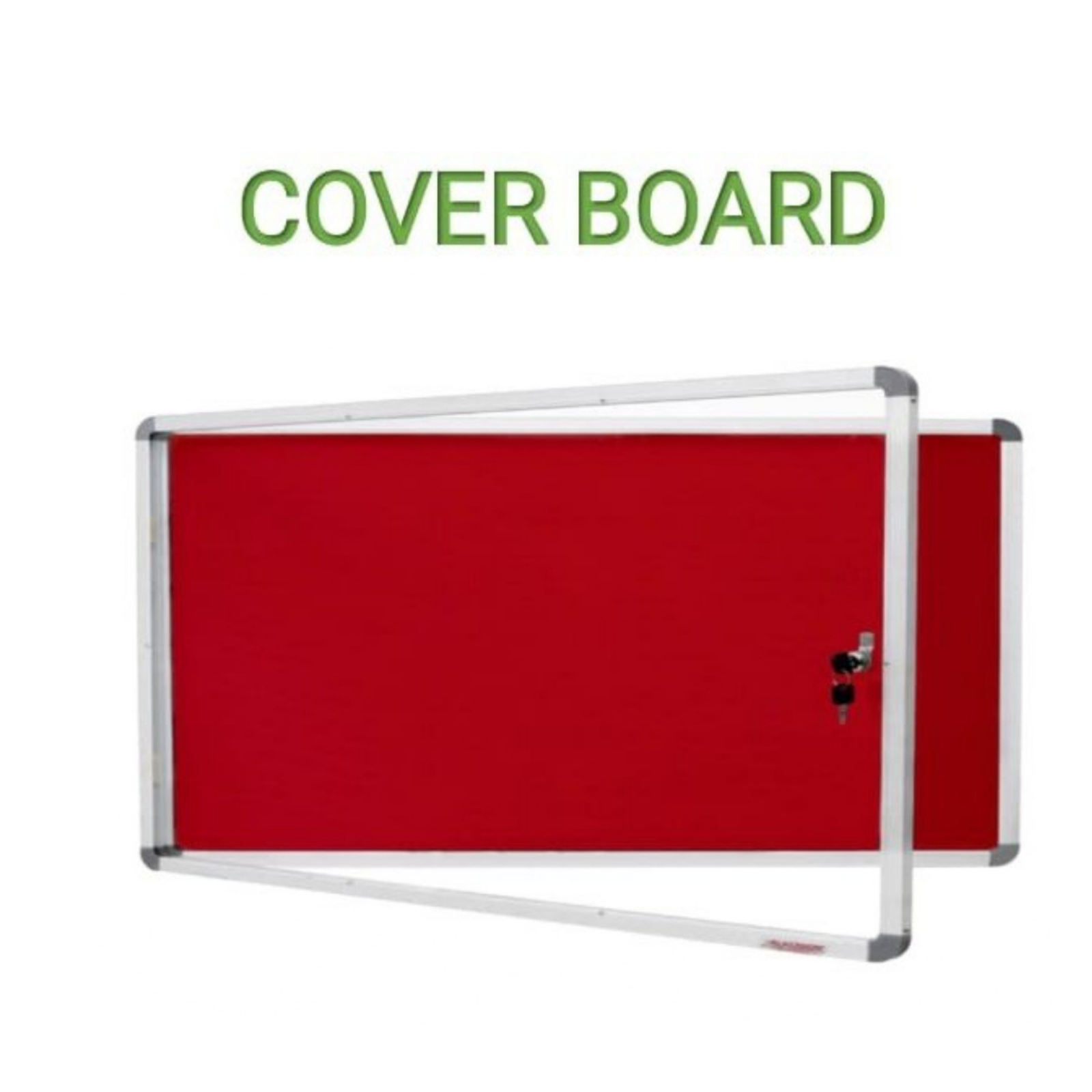 Lockable cover notice board with red fabric pin-up surface, aluminium frame, and transparent hinged glass door for secure display of notices, announcements, and information.