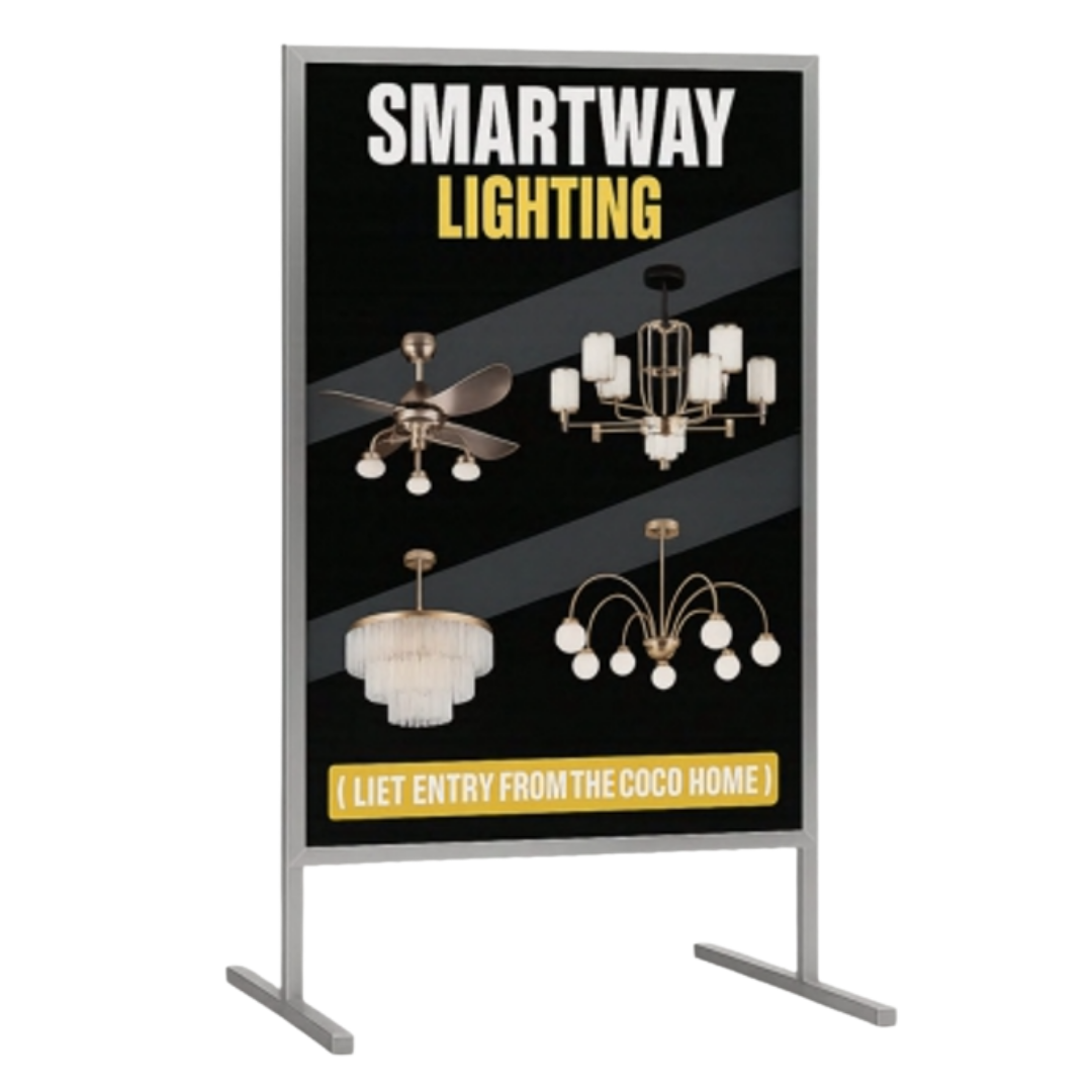 Smartway Lighting promotional sign board displaying ceiling fans and decorative light fixtures