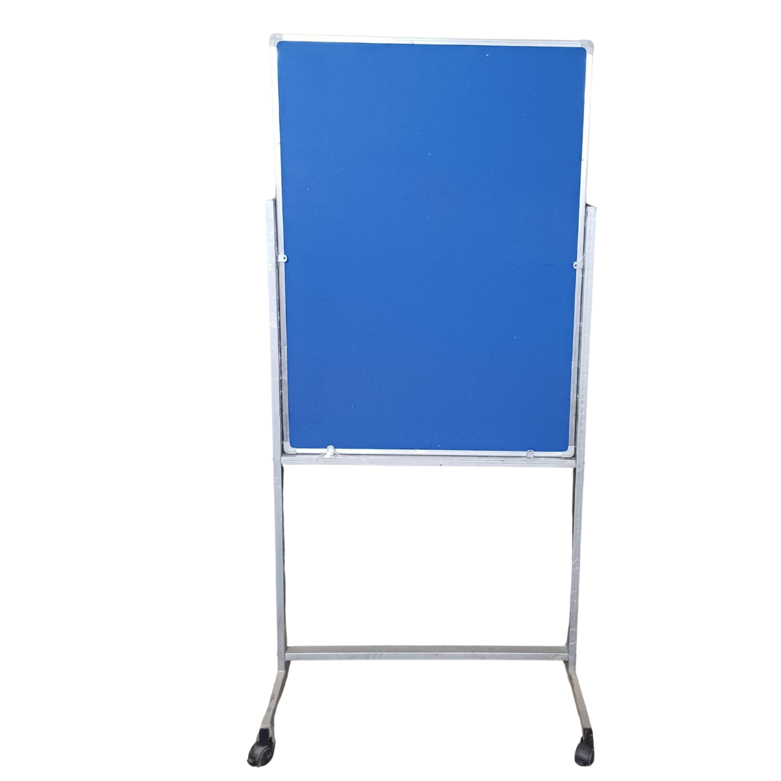 Double-sided mobile revolving notice board with blue fabric pin-up surface, aluminium frame, and sturdy metal stand for schools, offices, exhibitions, and institutions.