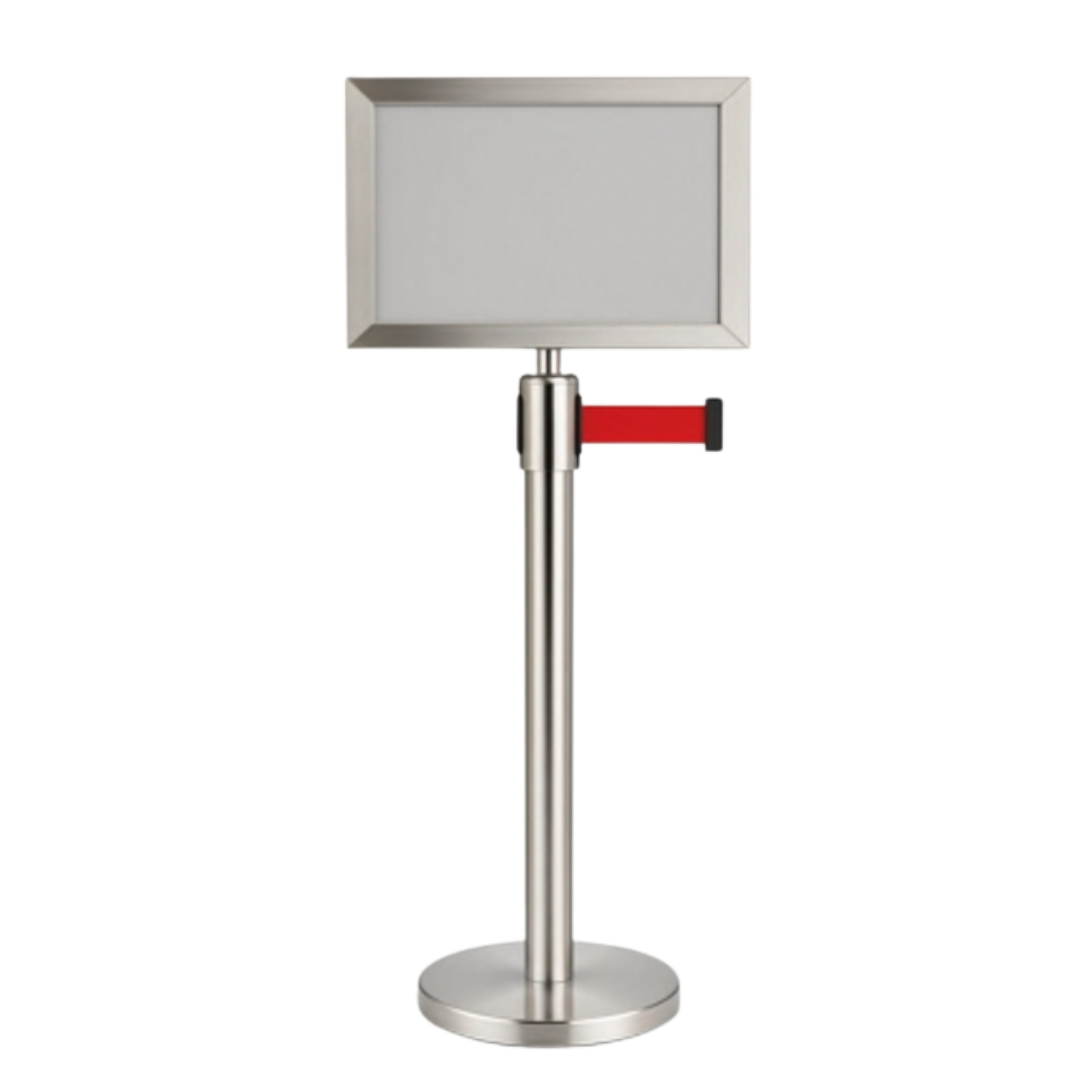 Freestanding stainless steel sign holder with red retractable belt barrier and round base