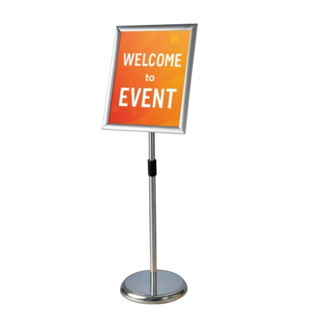 Adjustable silver floor standing event sign holder with round base displaying Welcome to Event