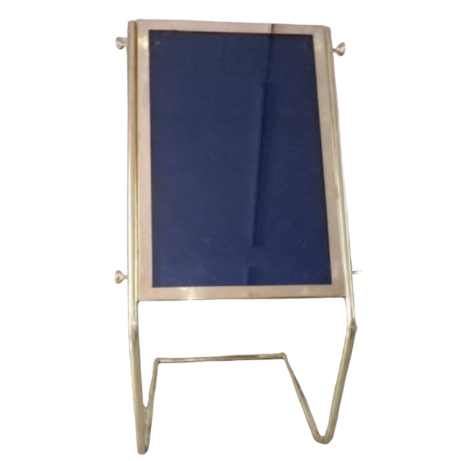 Premium double-sided revolving notice board with blue fabric display surface, polished stainless steel frame, and sturdy floor stand for offices, hotels, schools, and exhibition spaces.