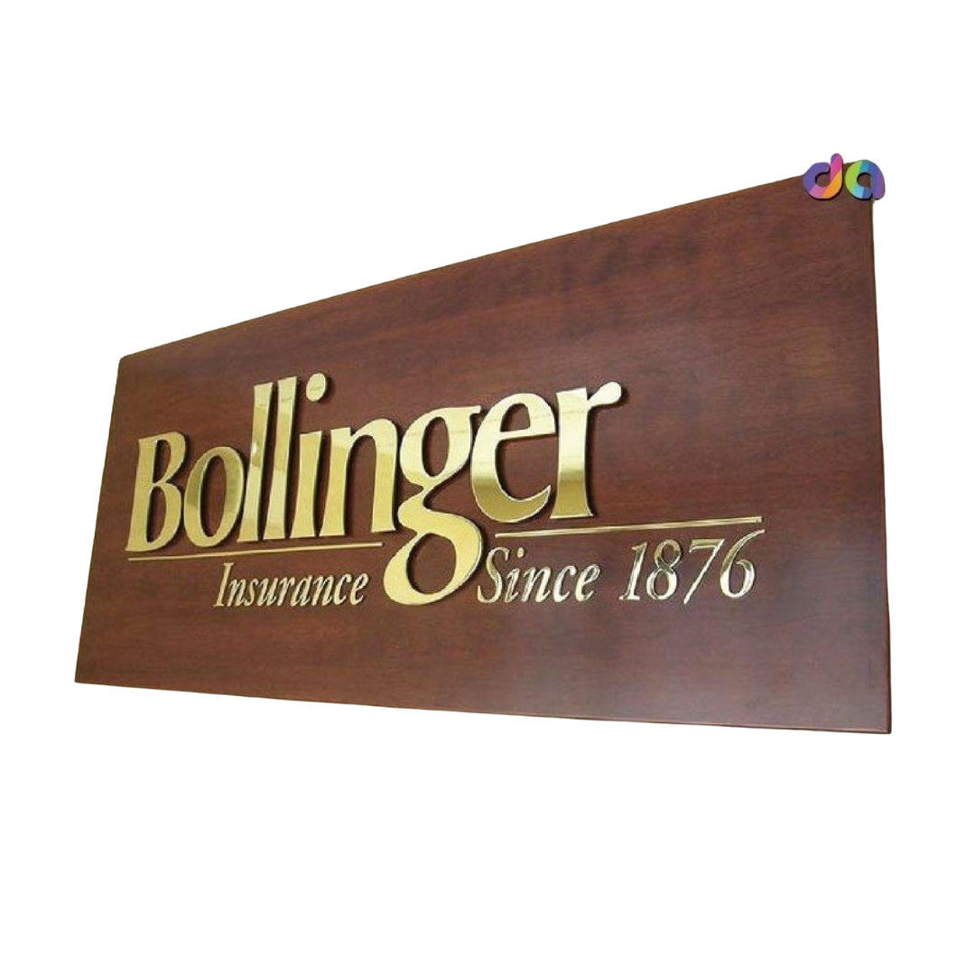 Brown wooden-style office sign displaying Bollinger Insurance Since 1876 in raised gold lettering