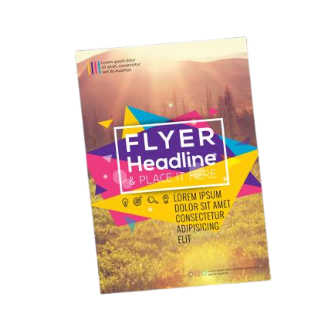 Colorful flyer template with geometric shapes, bold headline, and photo background