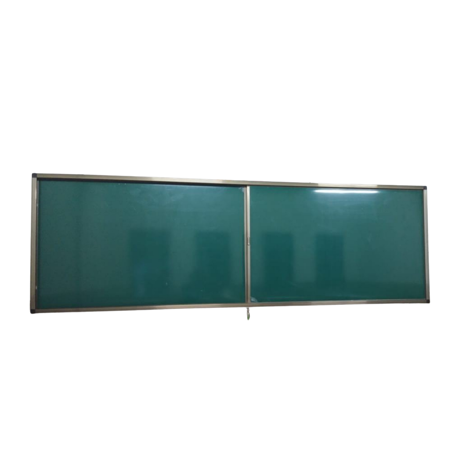 Large sliding cover notice board with green fabric pin-up surface, aluminium frame, and lockable sliding glass panels for secure display of notices and announcements.
