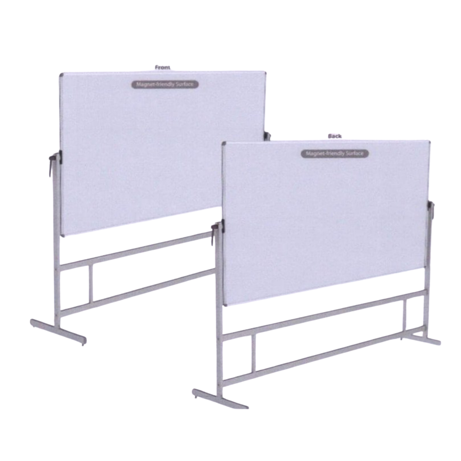 Double-sided mobile magnetic whiteboard with a sturdy metal stand, showing front and back writing surfaces for classrooms, offices, and training rooms by Elite Writing & Display.