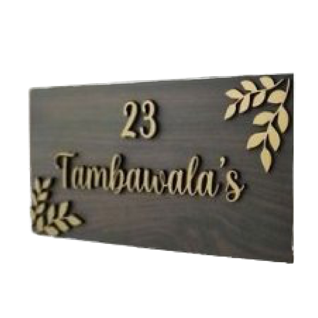 Grey customized name plate displaying Timbarwala's and house number 23 with gold leaf motifs